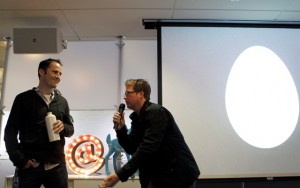 Evan Williams (L) and Biz Stone at Twitter launch in 2010. Photo by Robert Galbraith, Reuters 